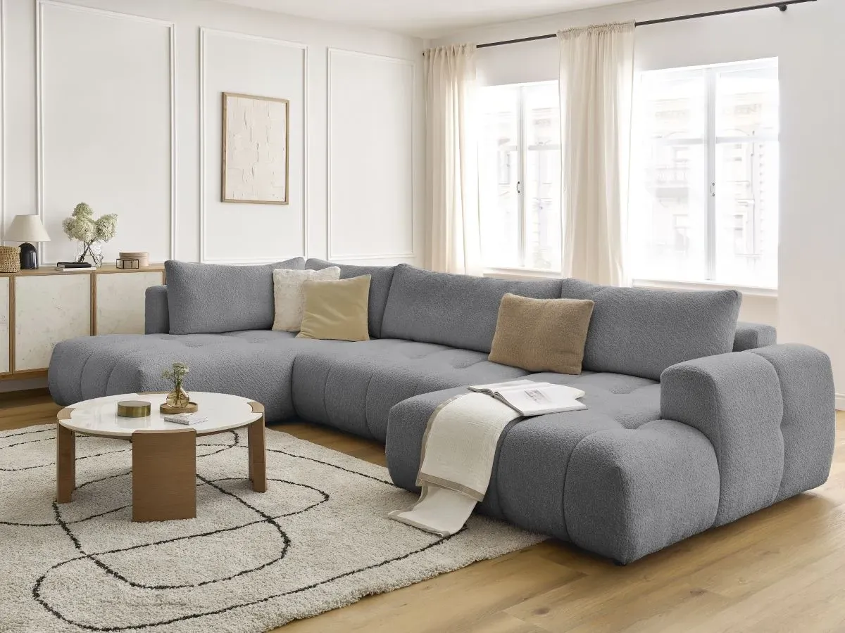 Canapé panoramique convertible FUJI tissu bouclette gris foncé  angle droit BOBOCHIC 5 places