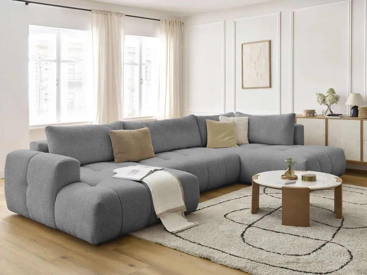 Canapé panoramique convertible FUJI tissu bouclette gris foncé  angle gauche BOBOCHIC 5 places