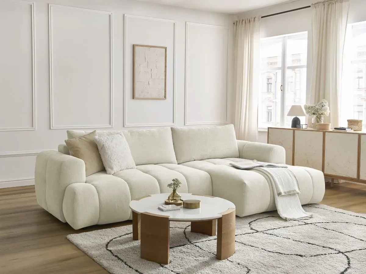 Canapé d'angle convertible FUJI tissu lisse beige  angle droit BOBOCHIC 3 places