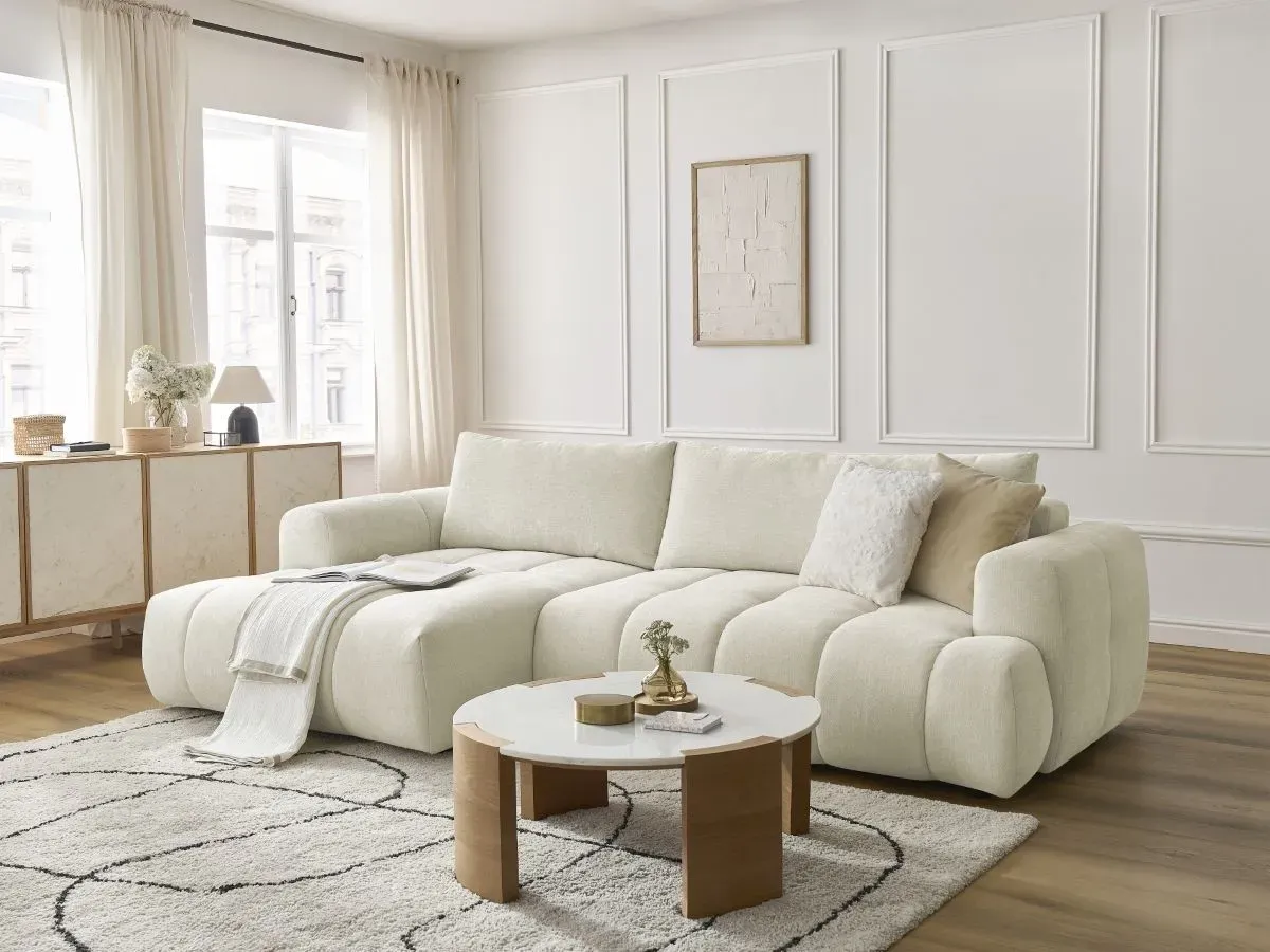 Canapé d'angle convertible FUJI tissu lisse beige  angle gauche BOBOCHIC 3 places