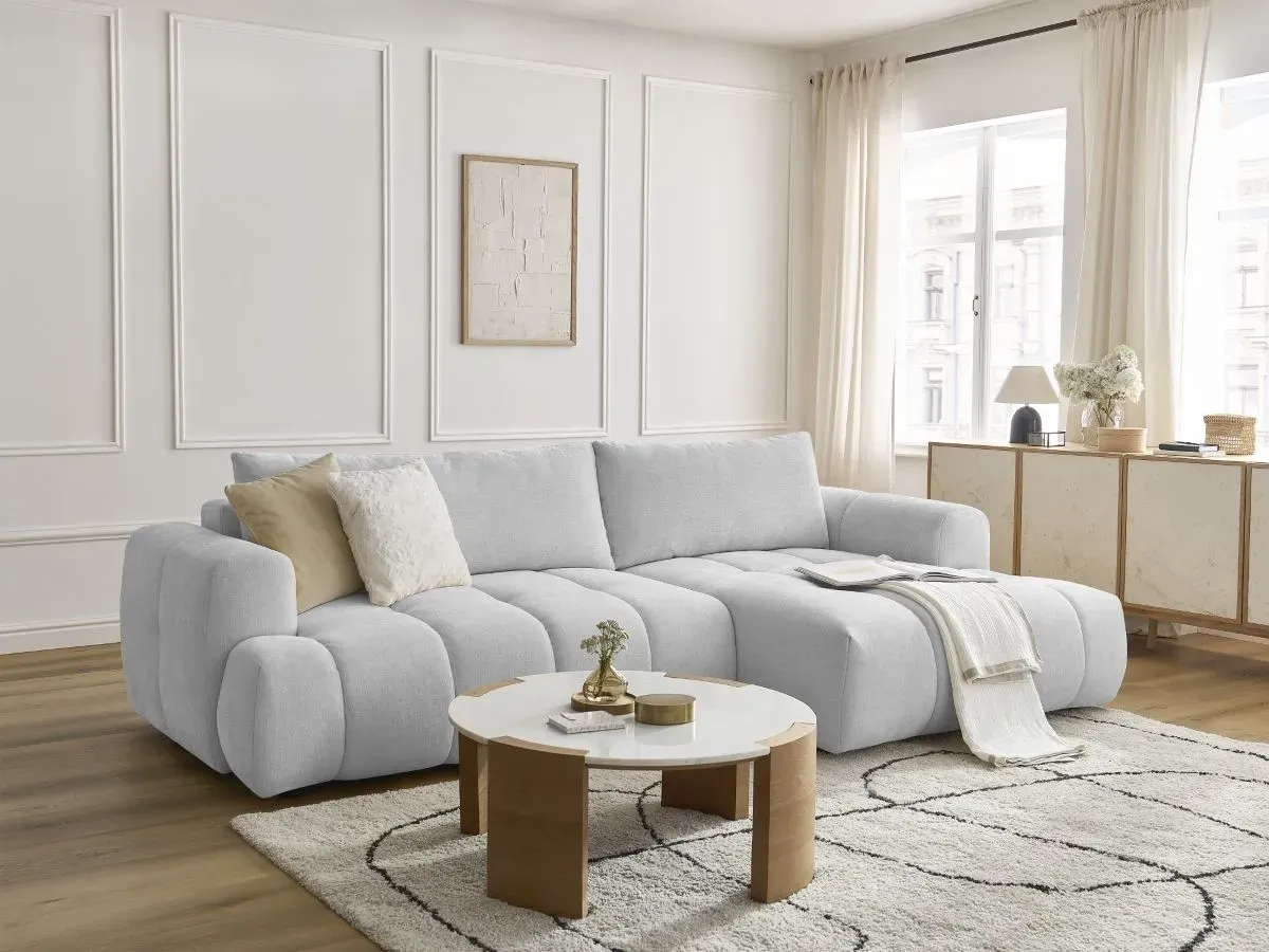 Canapé d'angle convertible FUJI tissu lisse gris clair  angle droit BOBOCHIC 3 places