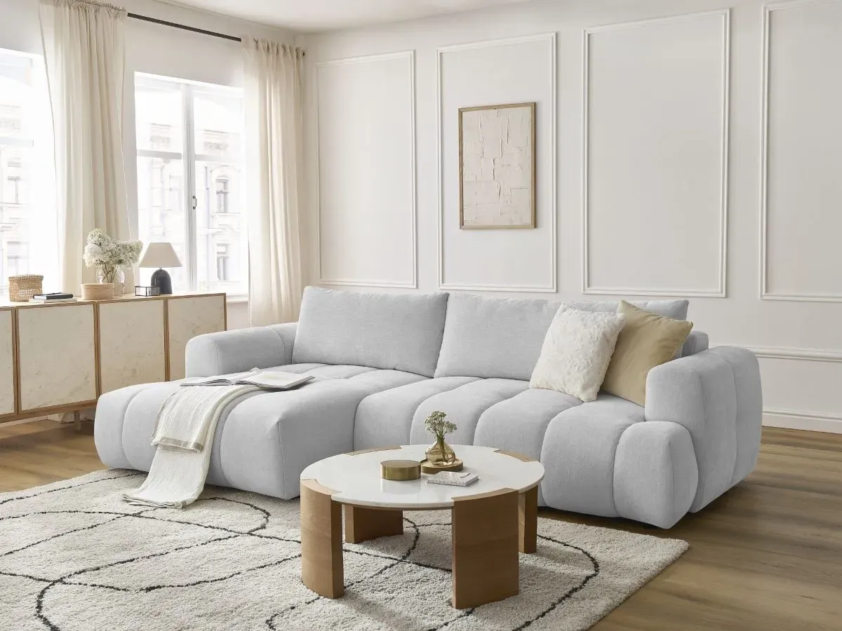 Canapé d'angle convertible FUJI tissu lisse gris clair  angle gauche BOBOCHIC 3 places