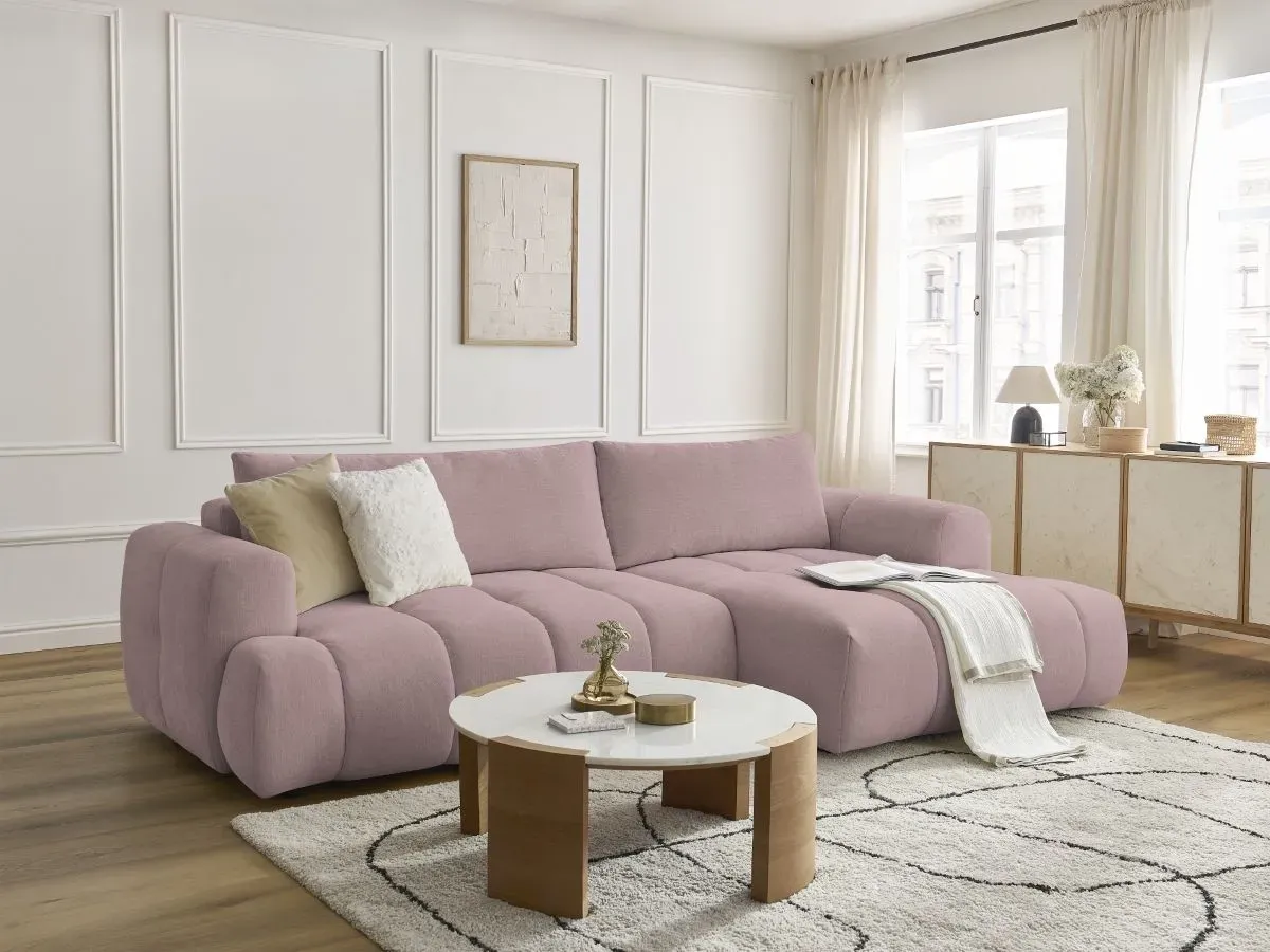 Canapé d'angle convertible FUJI tissu lisse rose  angle droit BOBOCHIC 3 places