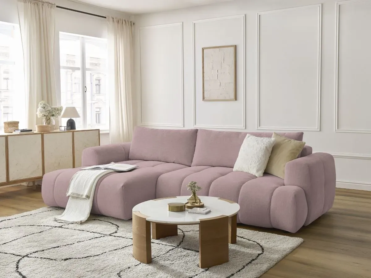 Canapé d'angle convertible FUJI tissu lisse rose  angle gauche BOBOCHIC 3 places