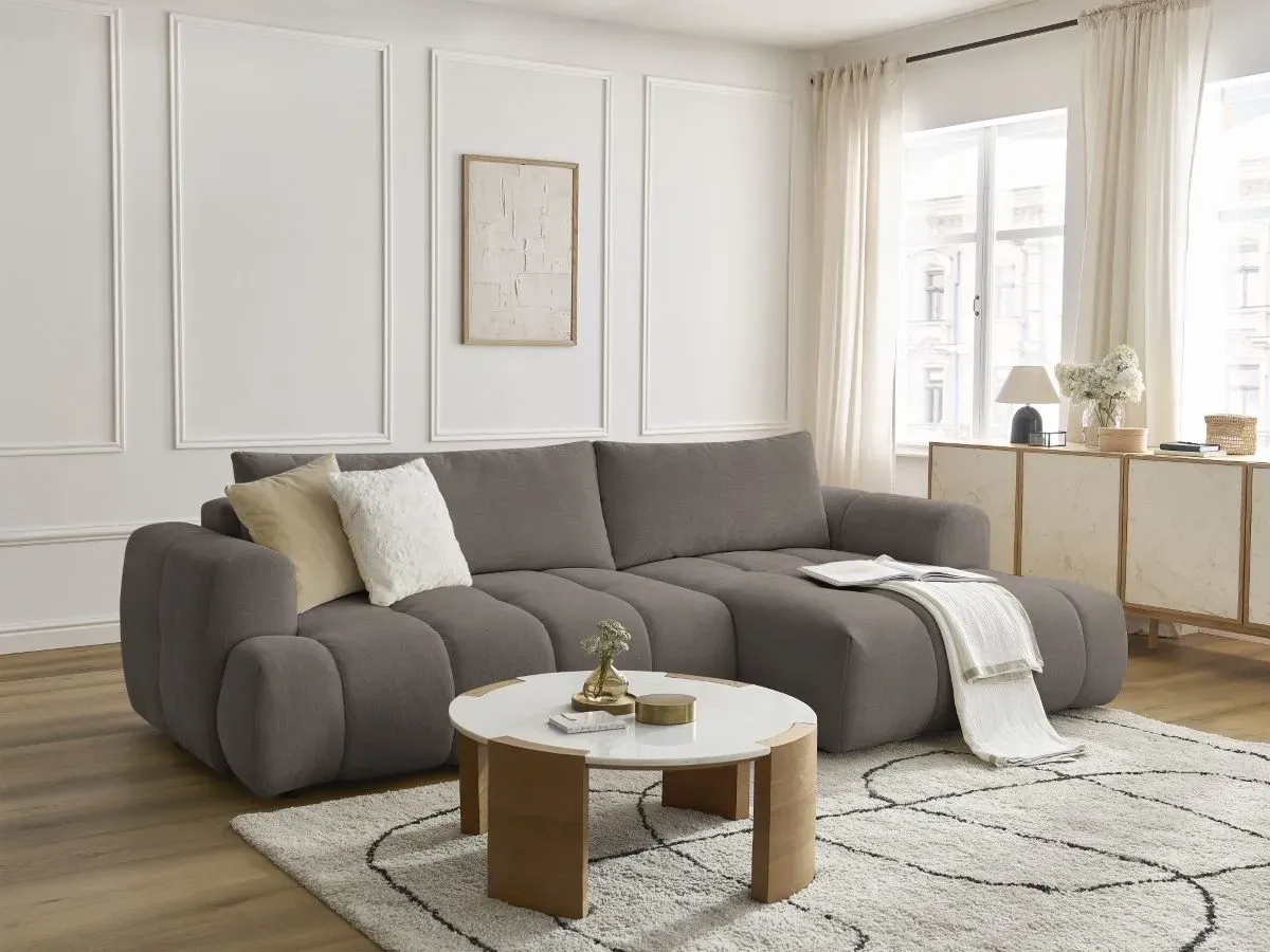 Canapé d'angle convertible FUJI tissu lisse taupe  angle droit BOBOCHIC 3 places