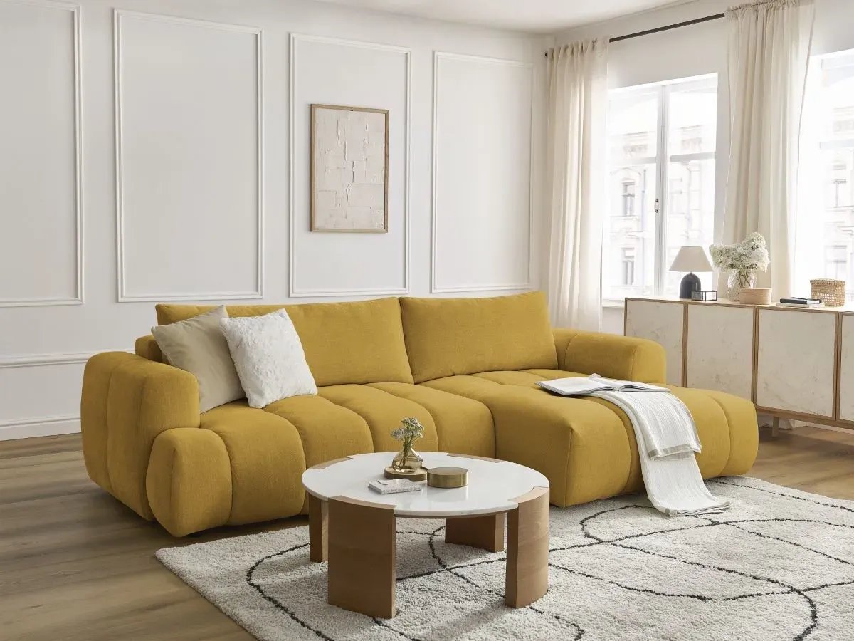 Canapé d'angle convertible FUJI tissu lisse jaune  angle droit BOBOCHIC 3 places