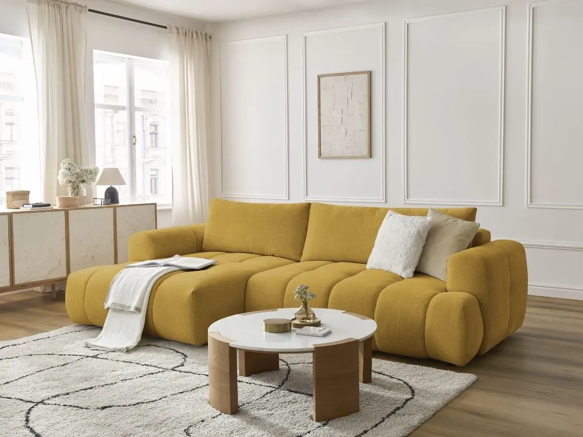 Canapé d'angle convertible FUJI tissu lisse jaune  angle gauche BOBOCHIC 3 places