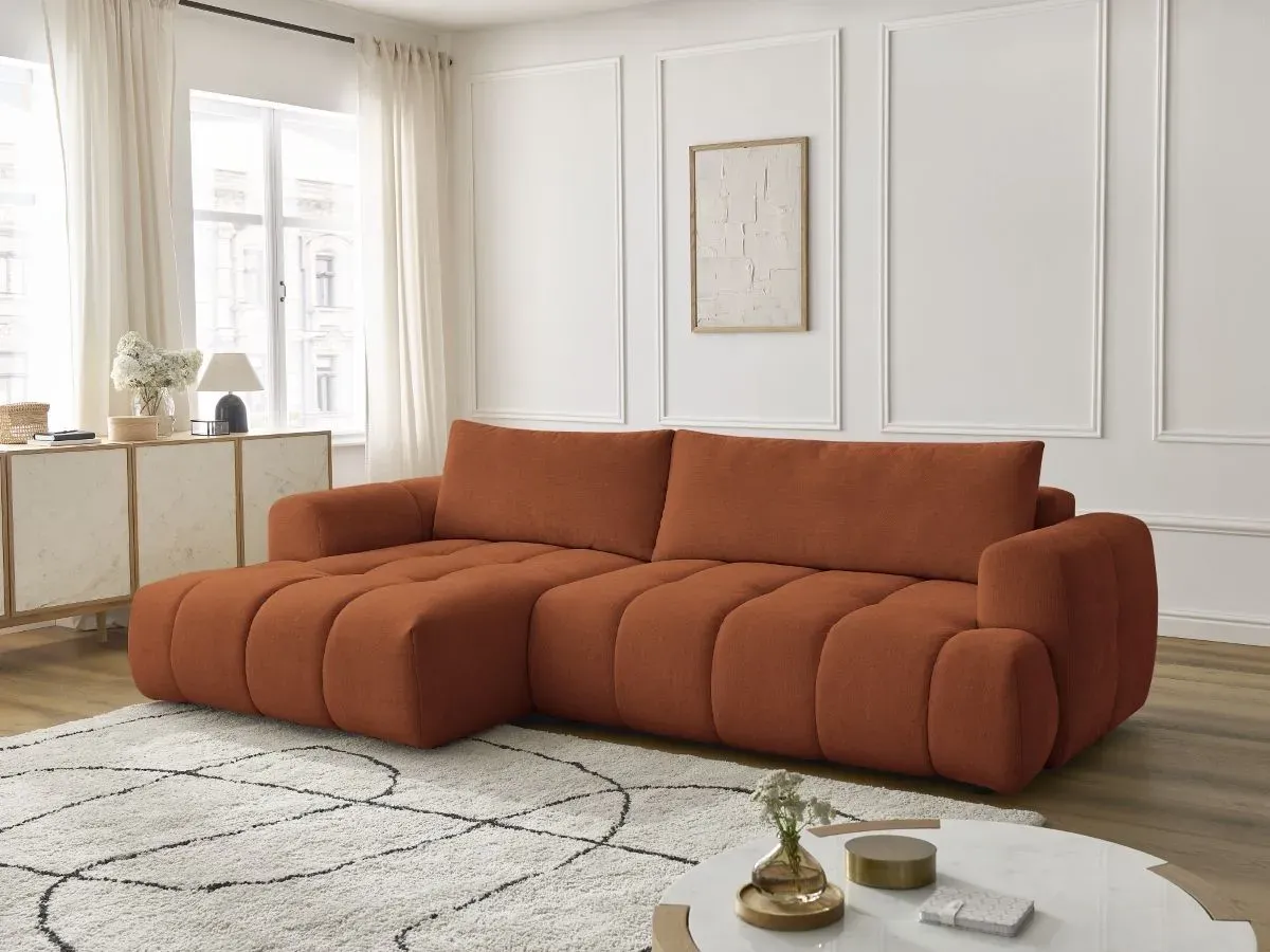 Canapé d'angle convertible FUJI tissu lisse orange  angle gauche BOBOCHIC 3 places