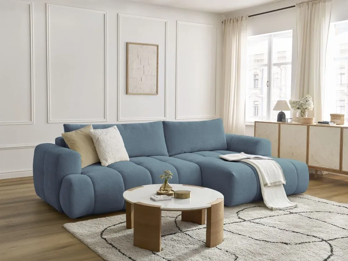 Canapé d'angle convertible FUJI tissu lisse bleu clair  angle droit BOBOCHIC 3 places