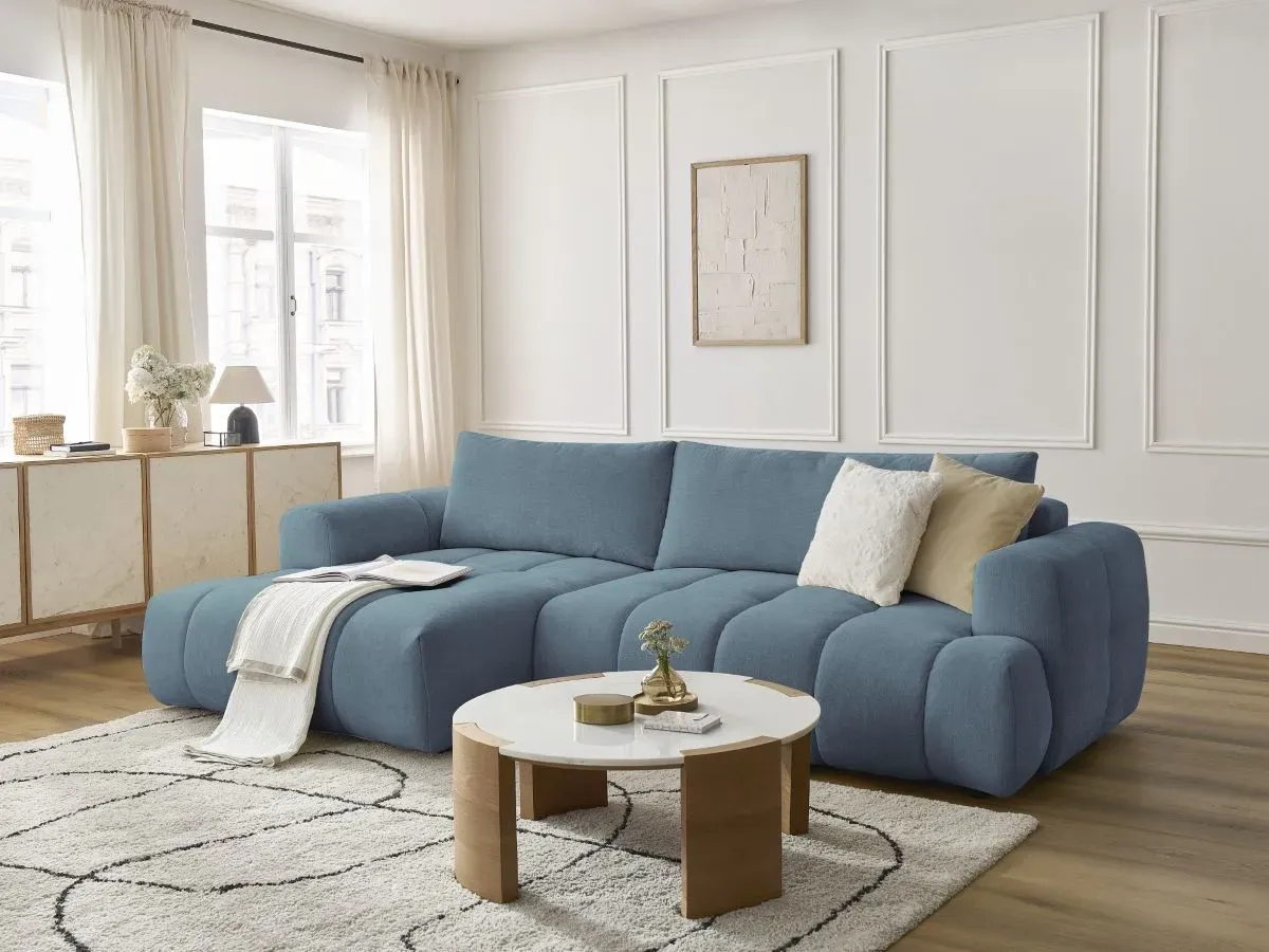 Canapé d'angle convertible FUJI tissu lisse bleu clair  angle gauche BOBOCHIC 3 places