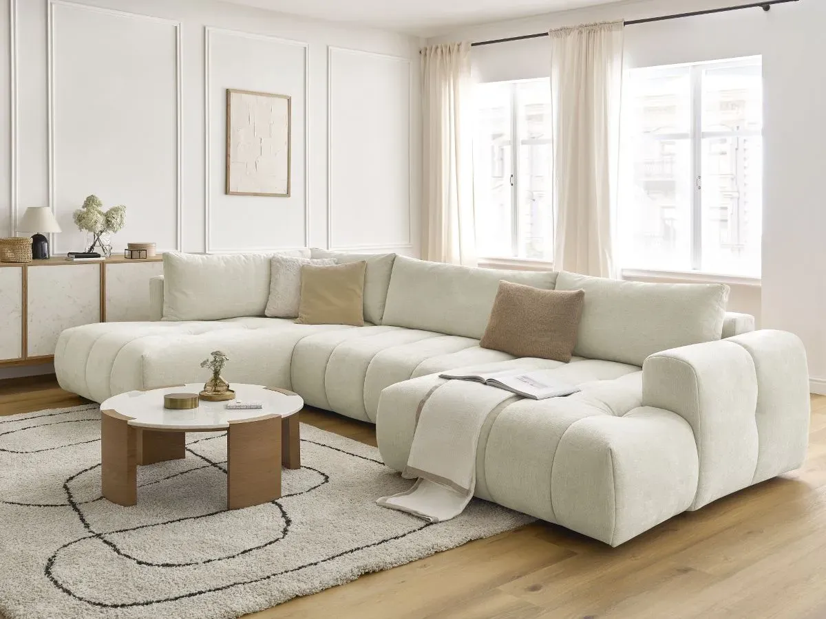 Canapé panoramique convertible FUJI tissu lisse beige  angle droit BOBOCHIC 5 places