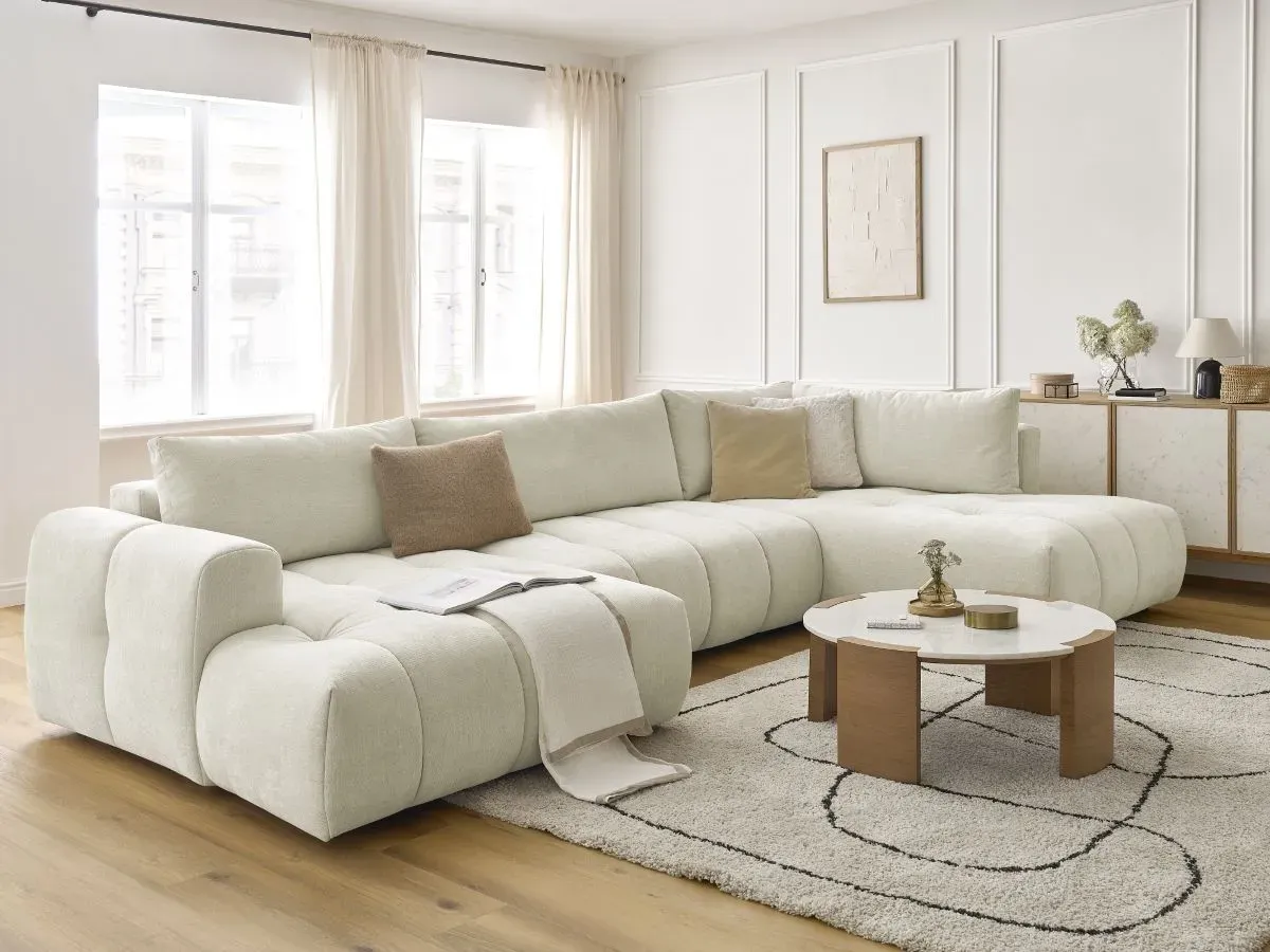 Canapé panoramique convertible FUJI tissu lisse beige  angle gauche BOBOCHIC 5 places