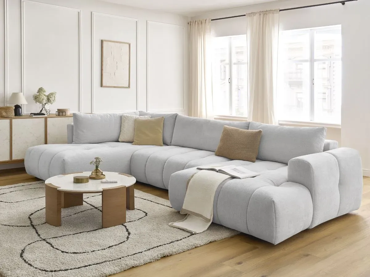 Canapé panoramique convertible FUJI tissu lisse gris clair  angle droit BOBOCHIC 5 places