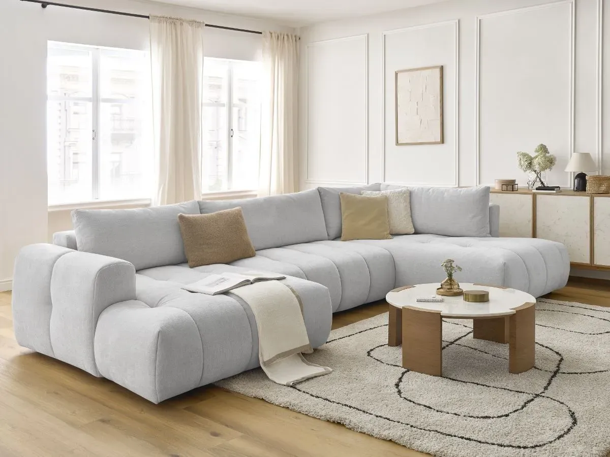 Canapé panoramique convertible FUJI tissu lisse gris clair  angle gauche BOBOCHIC 5 places