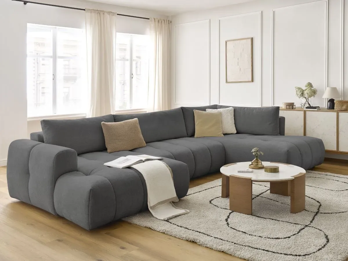 Canapé panoramique convertible FUJI tissu lisse gris foncé  angle gauche BOBOCHIC 5 places