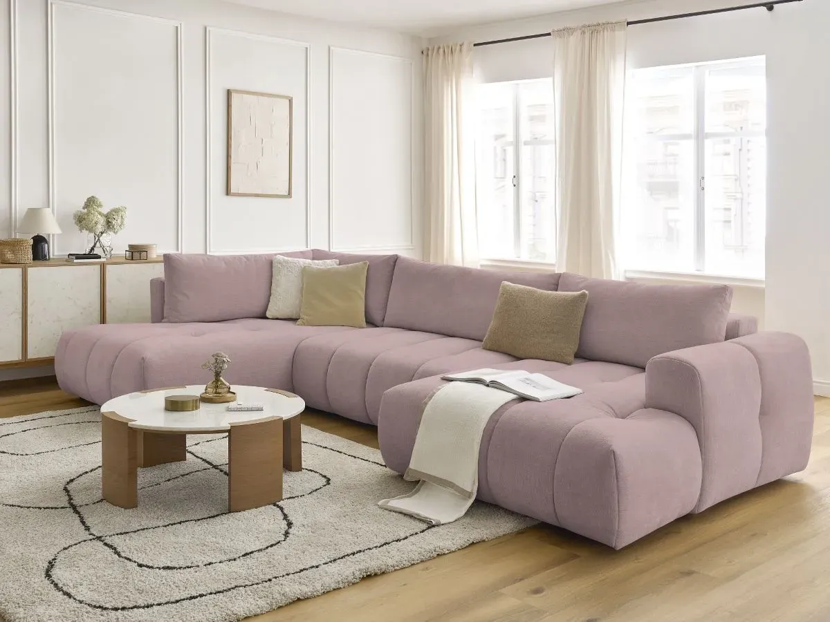 Canapé panoramique convertible FUJI tissu lisse rose  angle droit BOBOCHIC 5 places