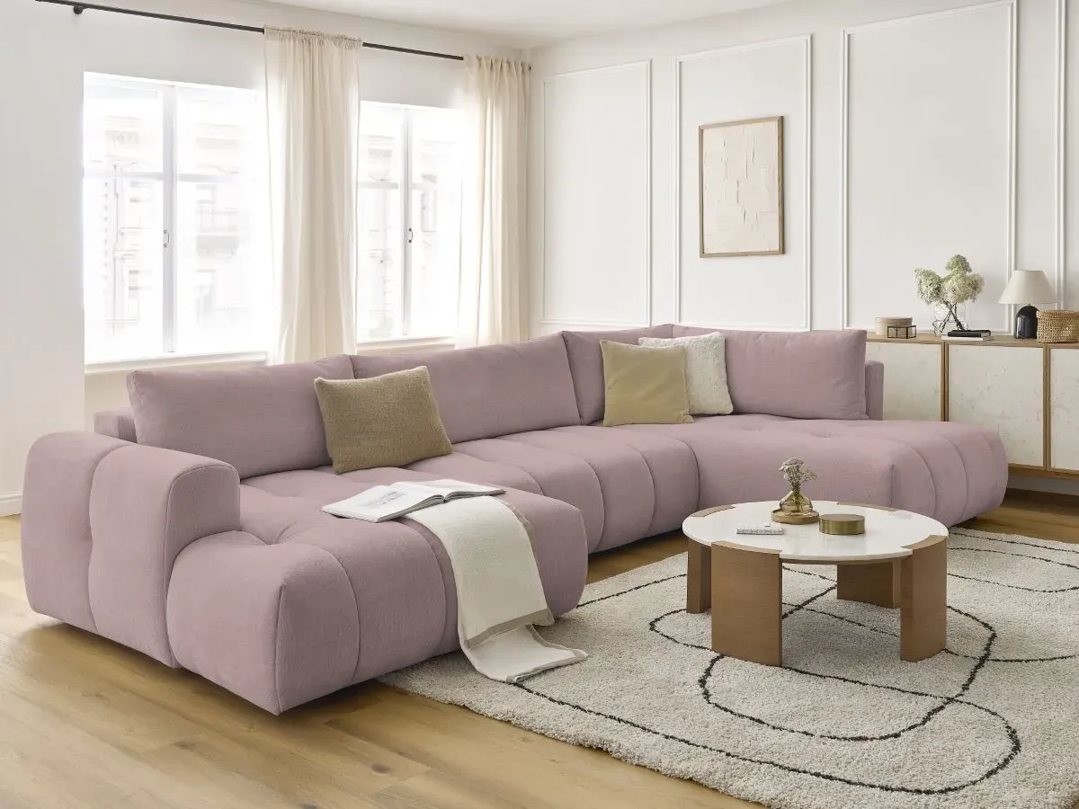 Canapé panoramique convertible FUJI tissu lisse rose  angle gauche BOBOCHIC 5 places