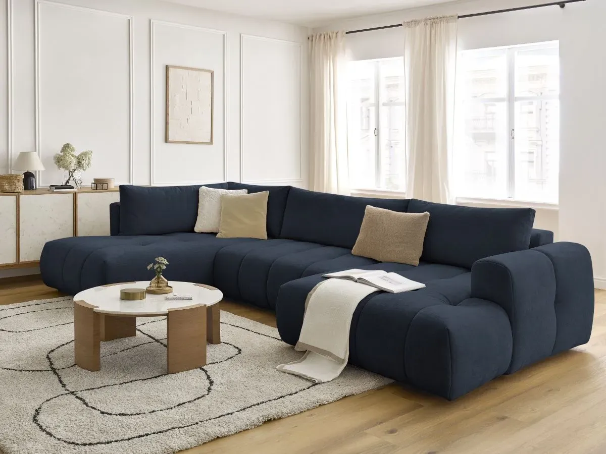 Canapé panoramique convertible FUJI tissu lisse bleu foncé  angle droit BOBOCHIC 5 places