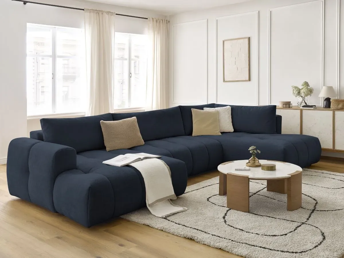 Canapé panoramique convertible FUJI tissu lisse bleu foncé  angle gauche BOBOCHIC 5 places