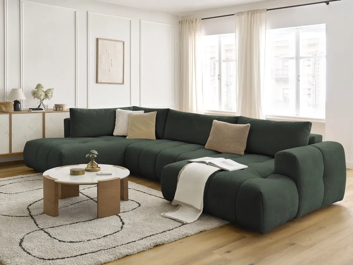Canapé panoramique convertible FUJI tissu lisse vert  angle droit BOBOCHIC 5 places