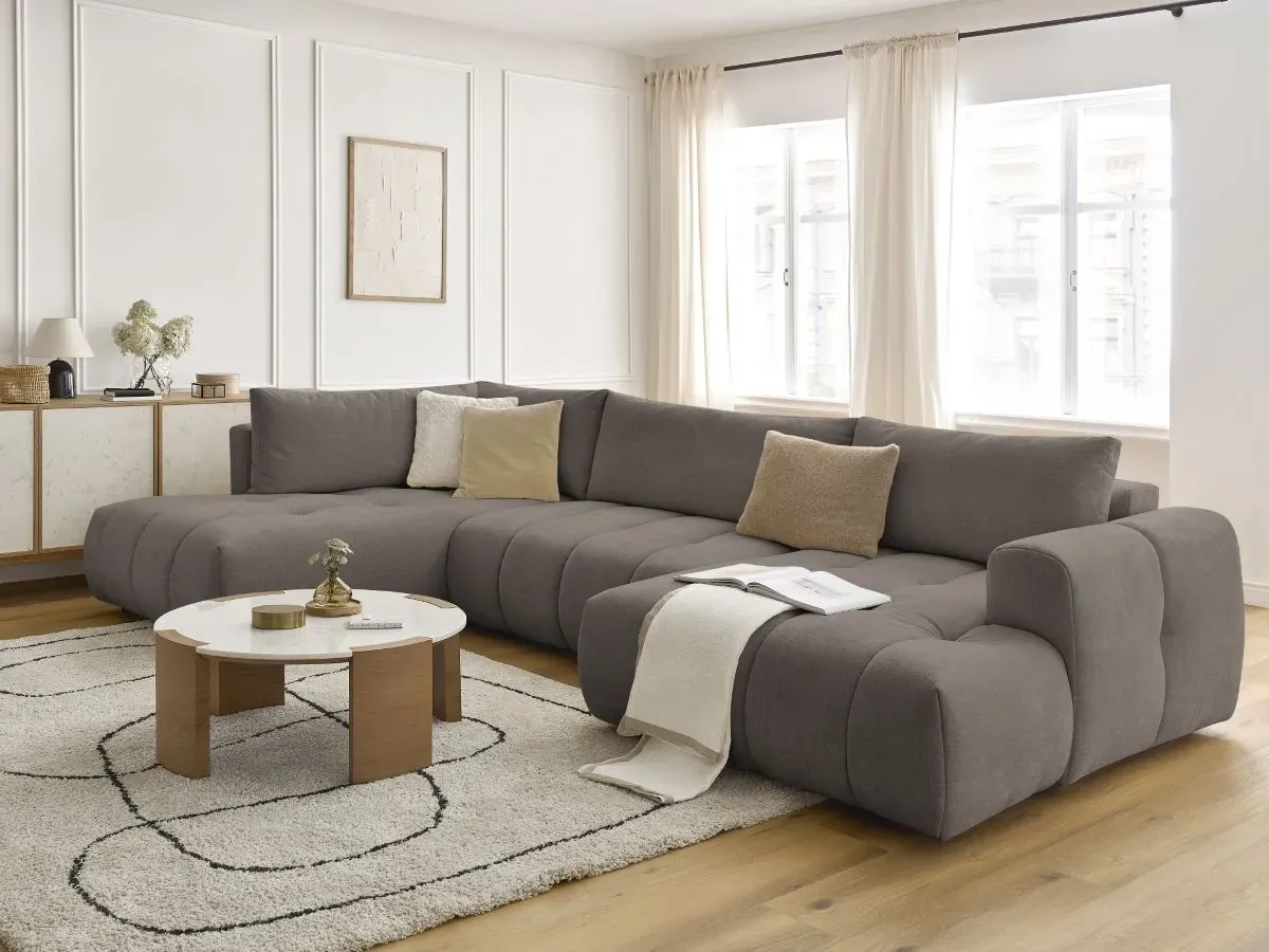 Canapé panoramique convertible FUJI tissu lisse taupe  angle droit BOBOCHIC 5 places