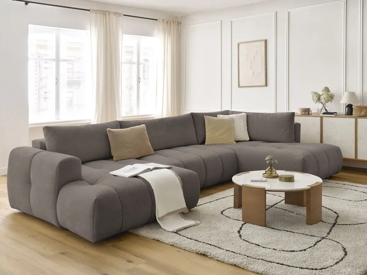 Canapé panoramique convertible FUJI tissu lisse taupe  angle gauche BOBOCHIC 5 places