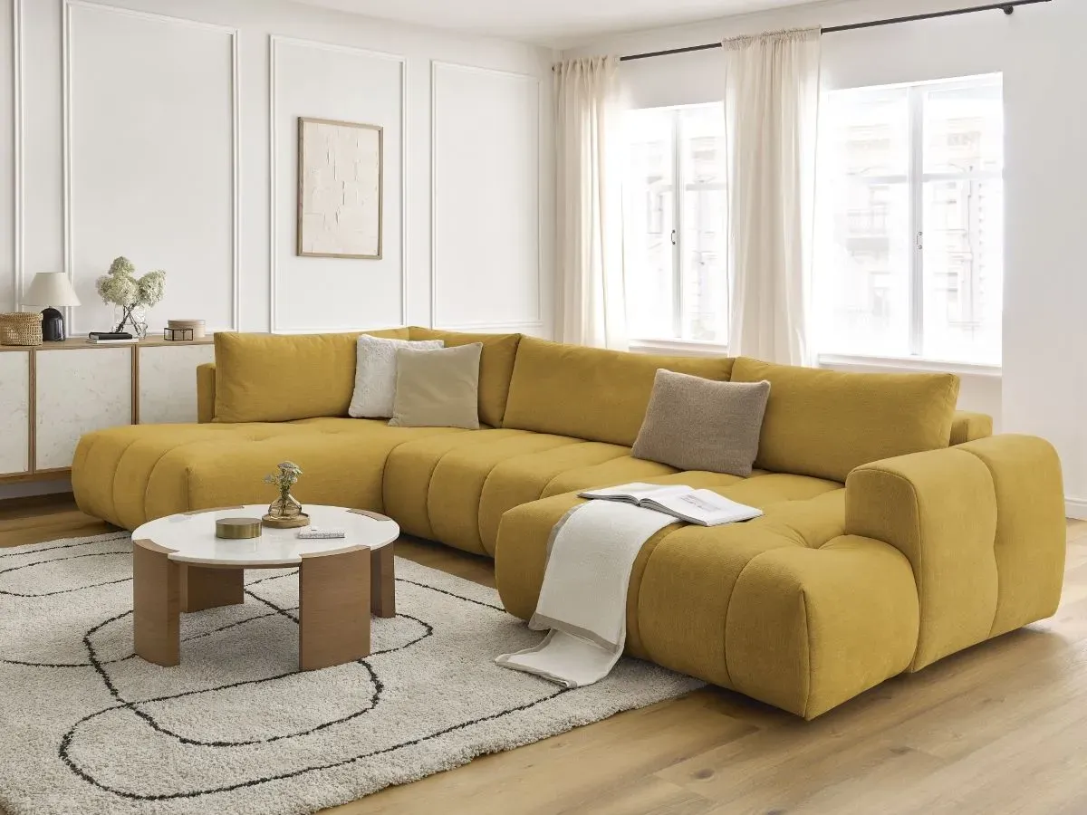 Canapé panoramique convertible FUJI tissu lisse jaune  angle droit BOBOCHIC 5 places