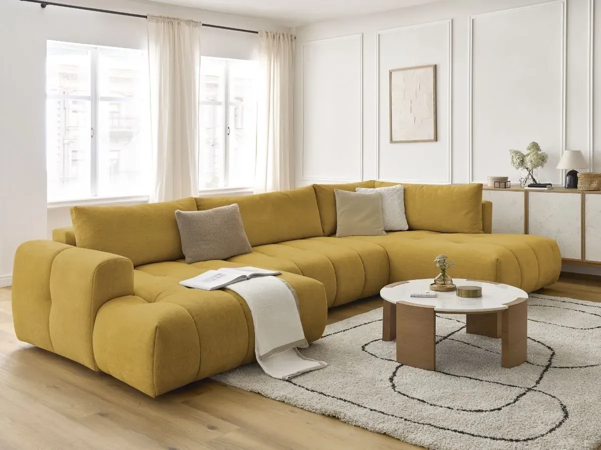 Canapé panoramique convertible FUJI tissu lisse jaune  angle gauche BOBOCHIC 5 places