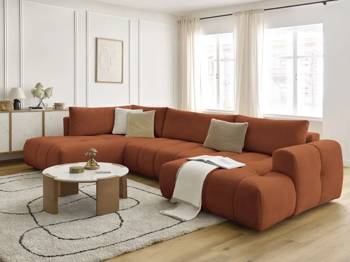 Canapé panoramique convertible FUJI tissu lisse orange  angle droit BOBOCHIC 5 places