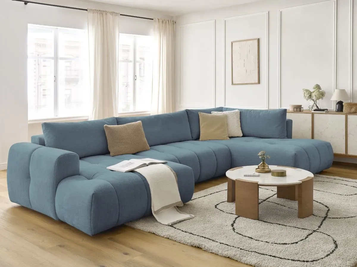 Canapé panoramique convertible FUJI tissu lisse bleu clair  angle gauche BOBOCHIC 5 places