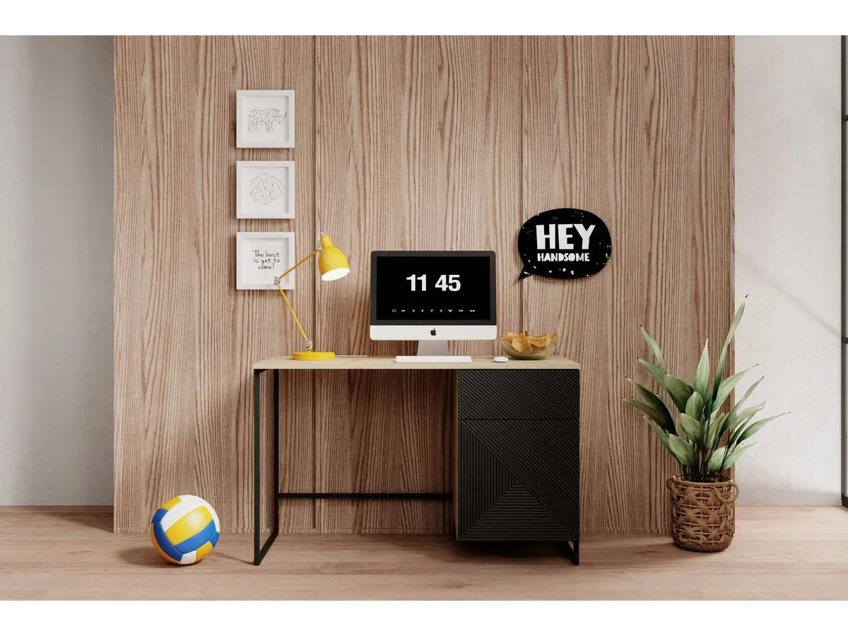 Bureau 1 porte et 1 tiroir ALICE pieds en métal chêne et noir   BOBOCHIC