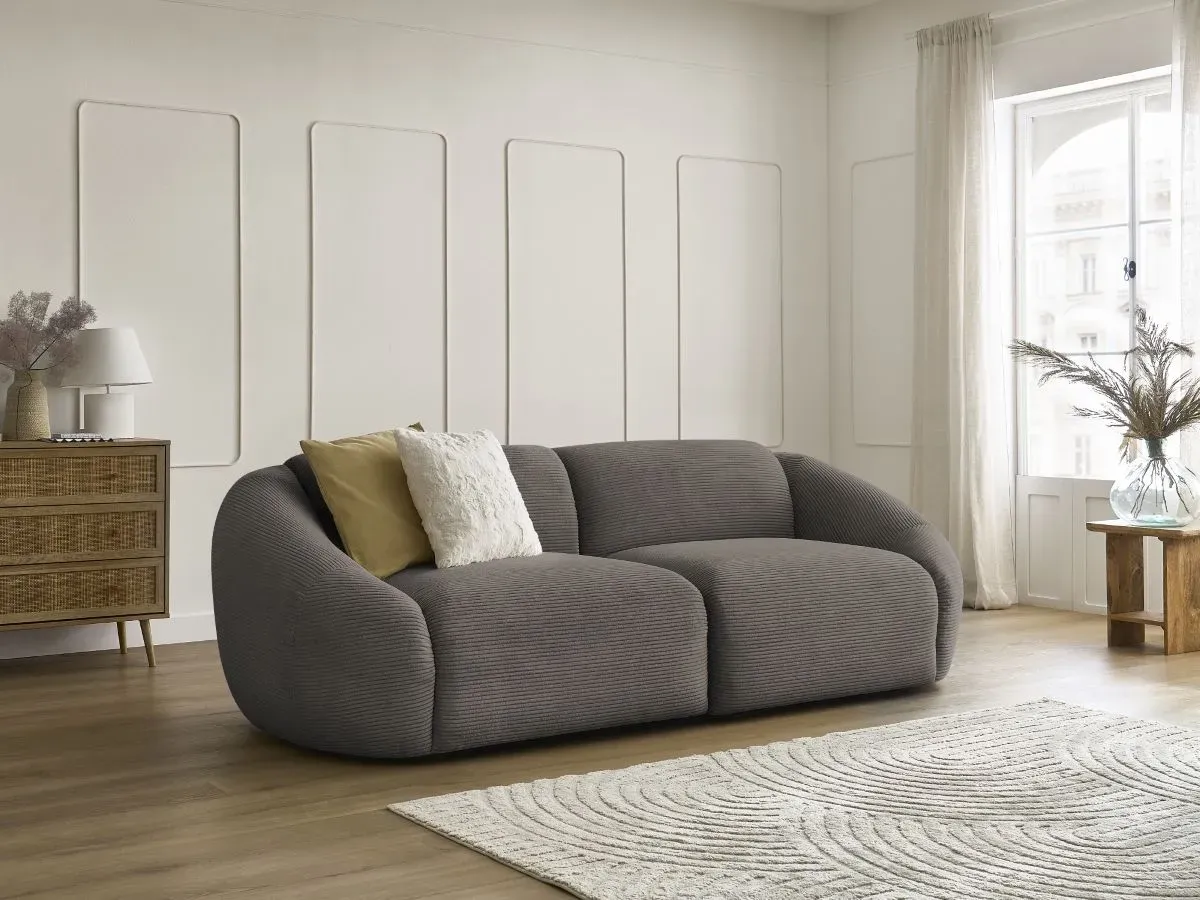 Canapé droit fixe 3 places TINA velours côtelé taupe   BOBOCHIC