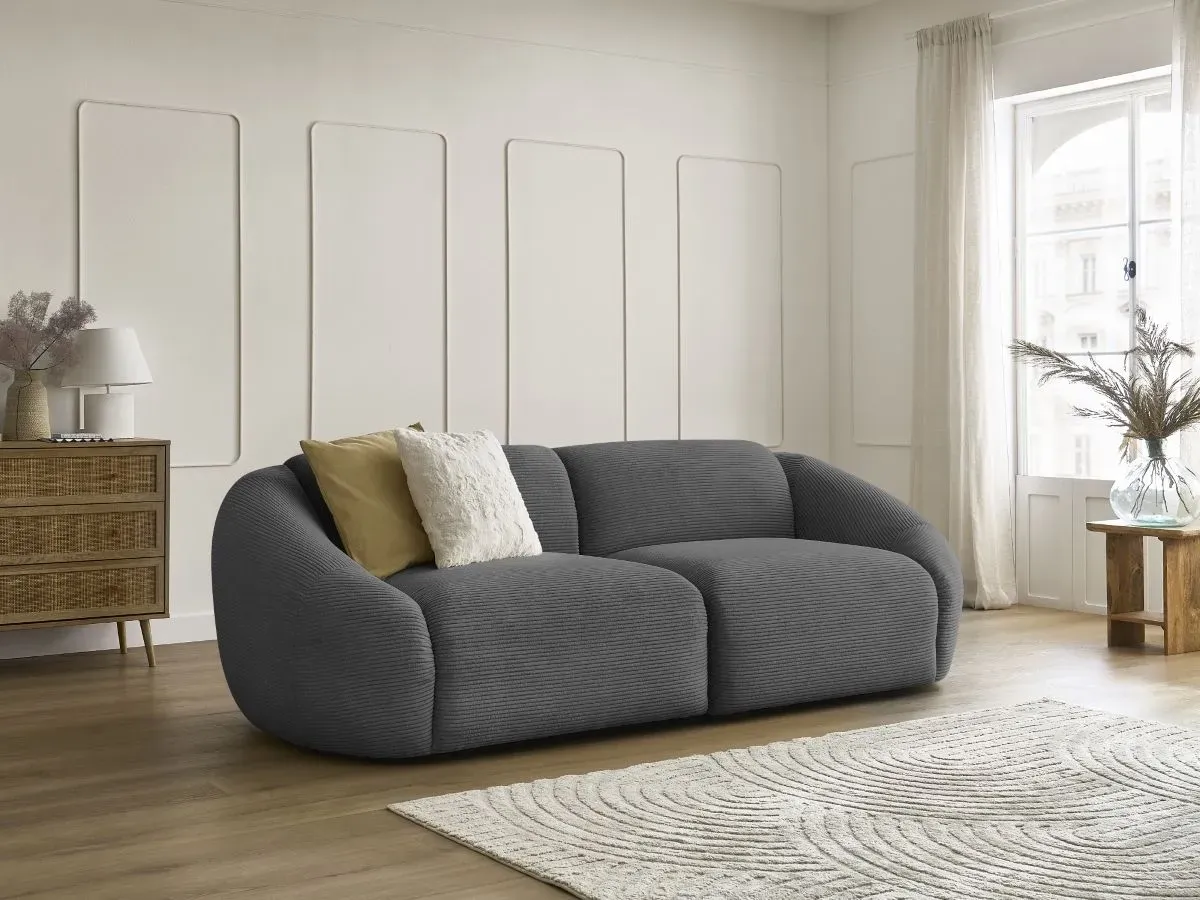 Canapé droit fixe 3 places TINA velours côtelé gris foncé   BOBOCHIC