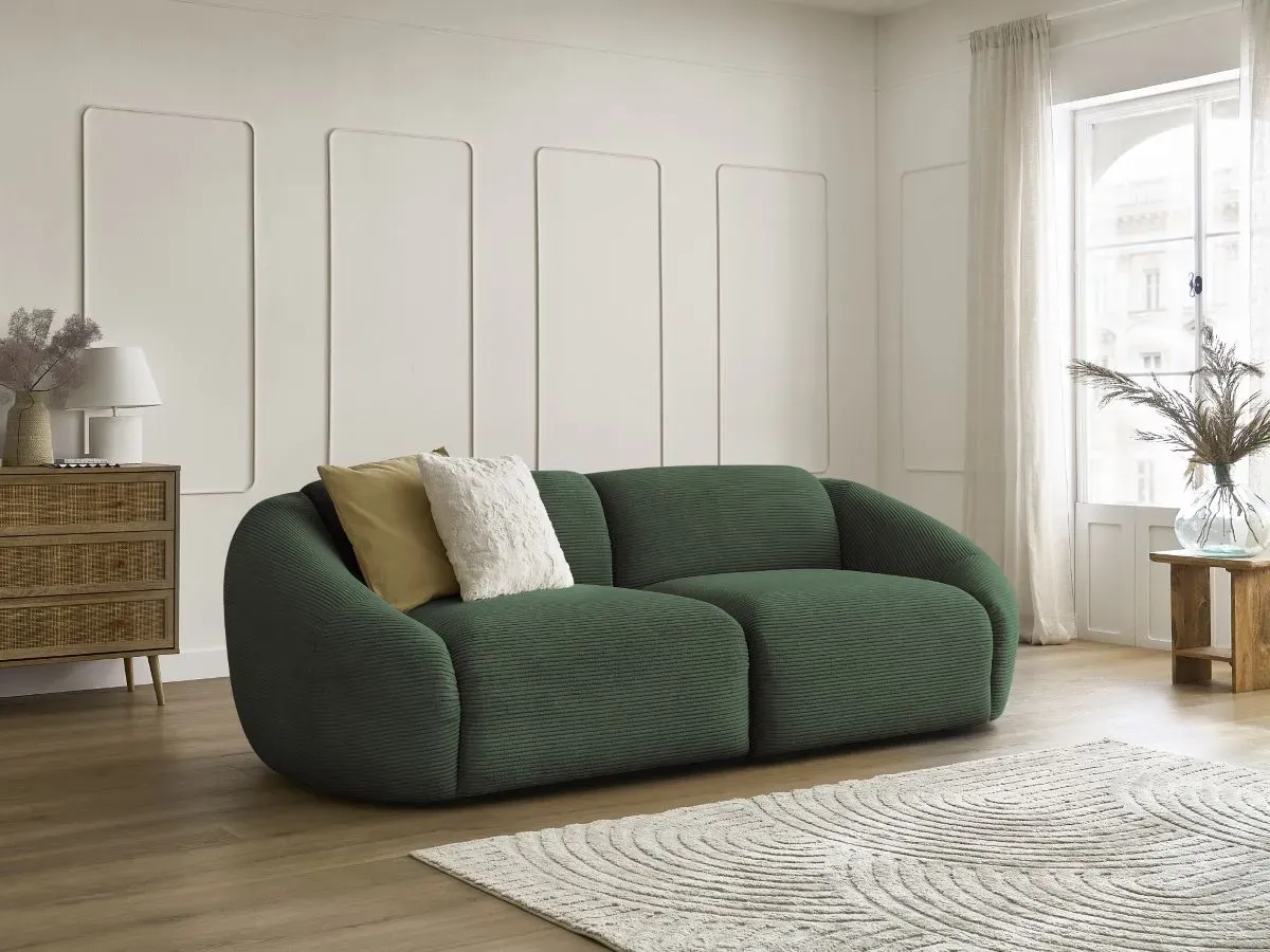 Canapé droit fixe 3 places TINA velours côtelé vert   BOBOCHIC