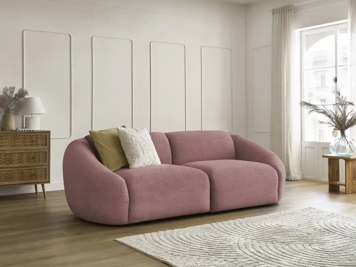 Canapé droit fixe 3 places TINA velours côtelé rose   BOBOCHIC