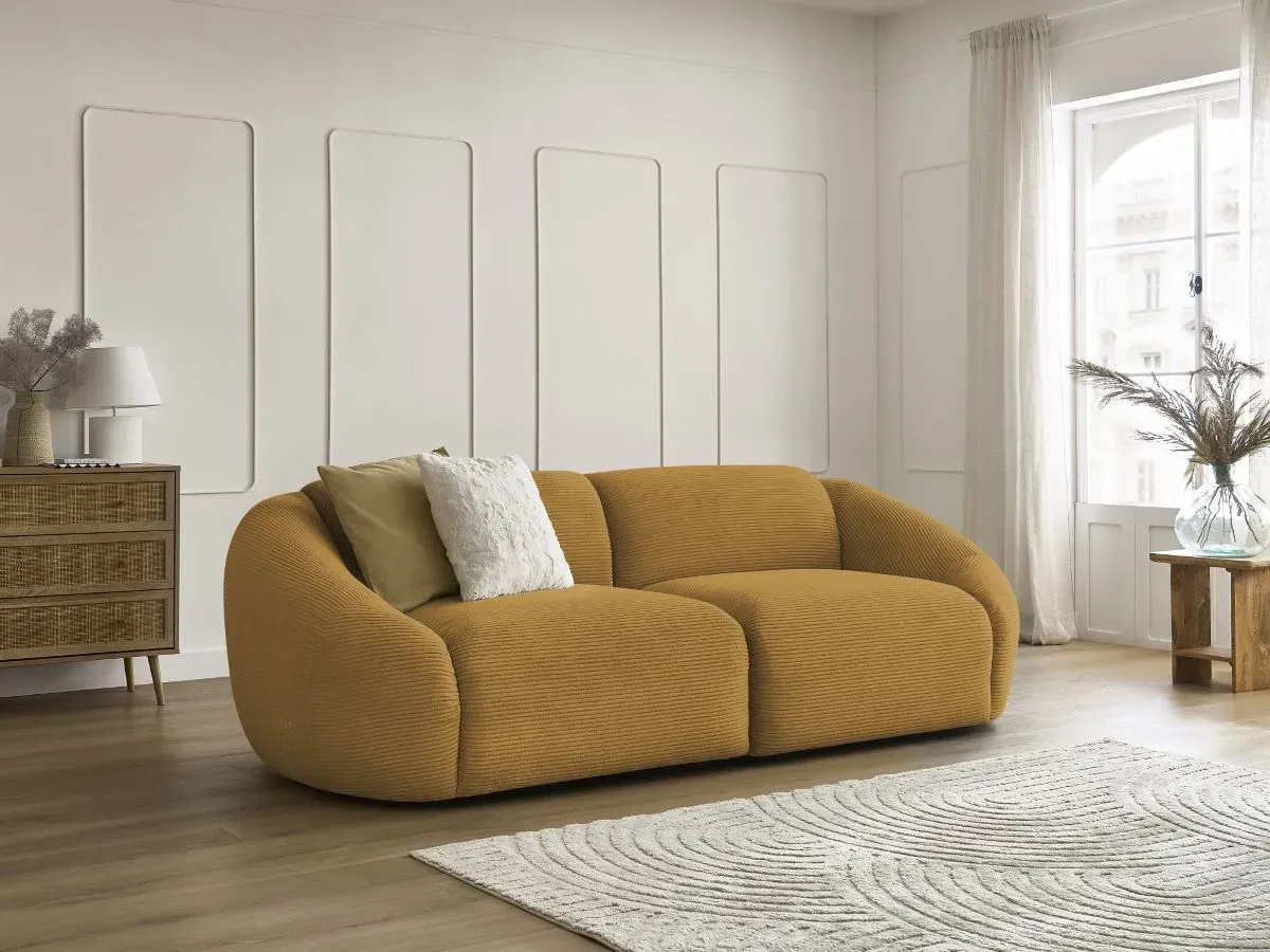 Canapé droit fixe 3 places TINA velours côtelé jaune   BOBOCHIC
