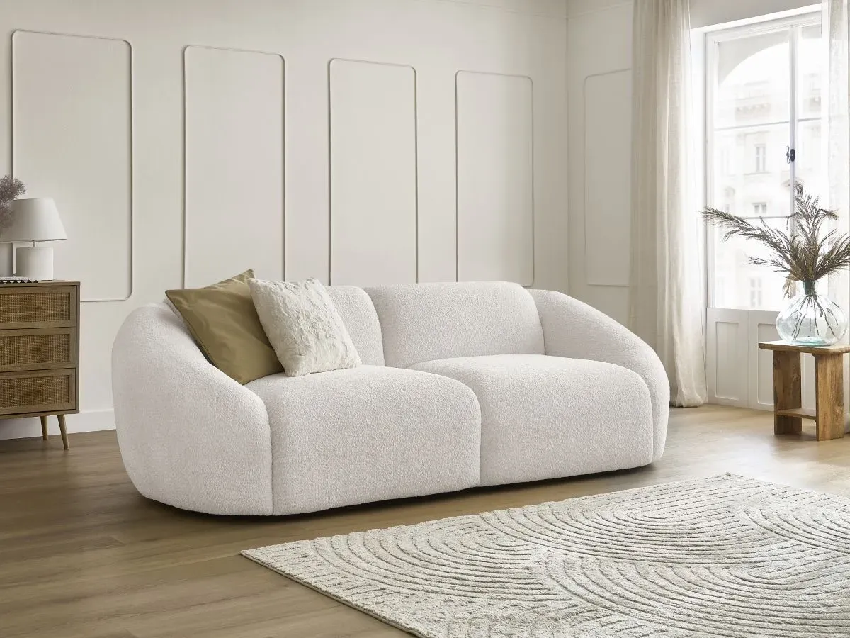 Canapé droit fixe 3 places TINA tissu bouclette blanc   BOBOCHIC