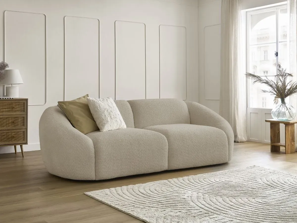 Canapé droit fixe 3 places TINA tissu bouclette beige   BOBOCHIC