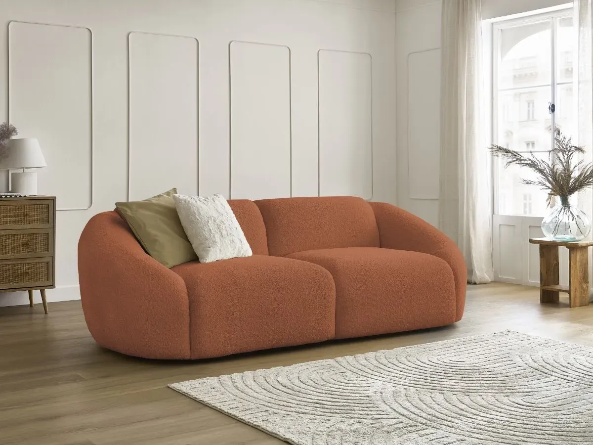 Canapé droit fixe 3 places TINA tissu bouclette orange   BOBOCHIC