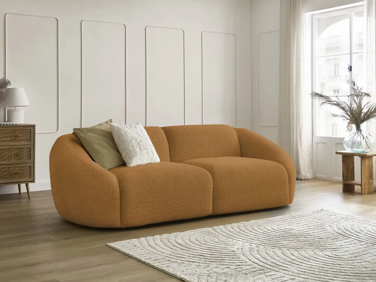 Canapé droit fixe 3 places TINA tissu bouclette jaune   BOBOCHIC