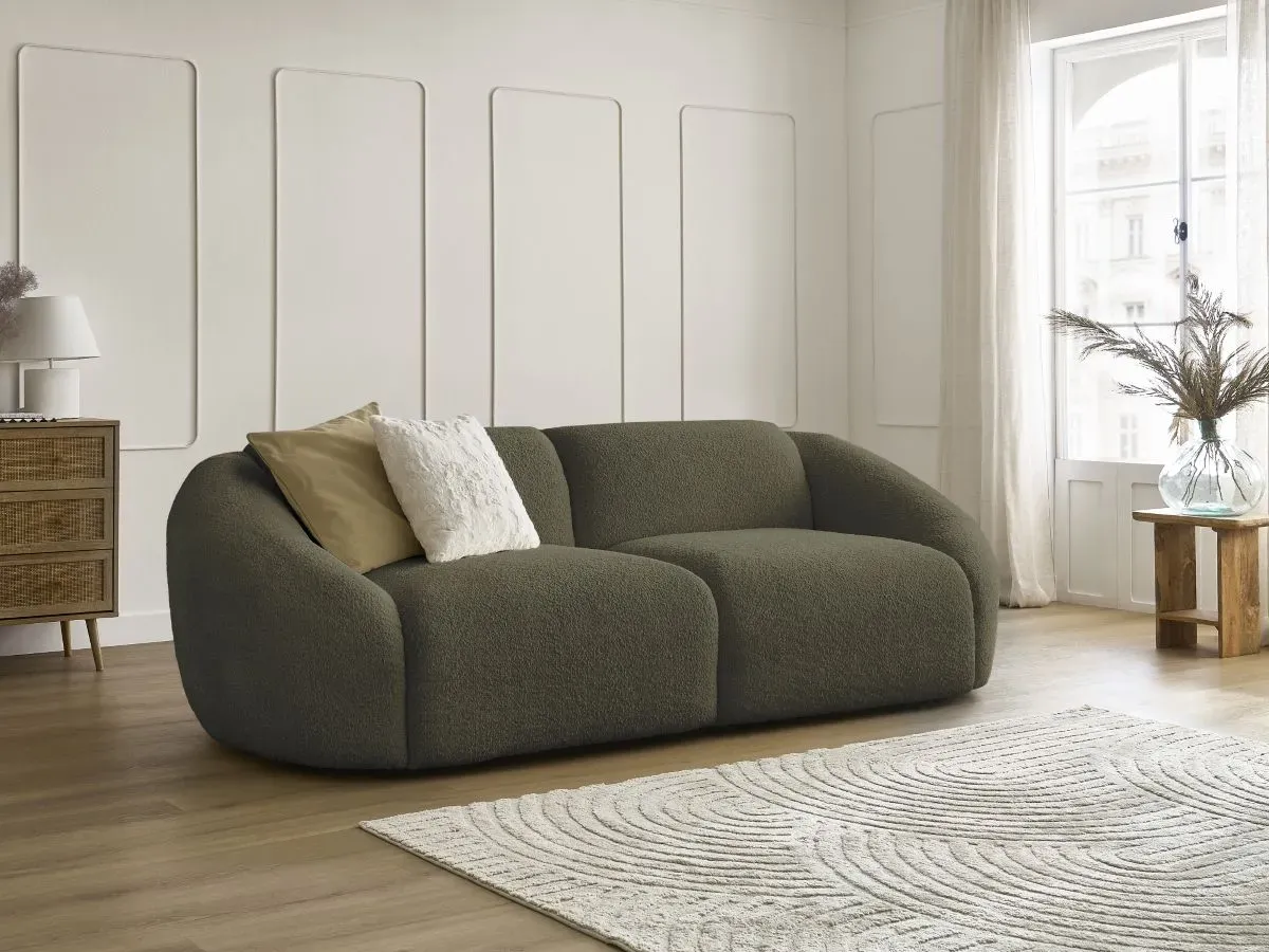 Canapé droit fixe 3 places TINA tissu bouclette vert   BOBOCHIC