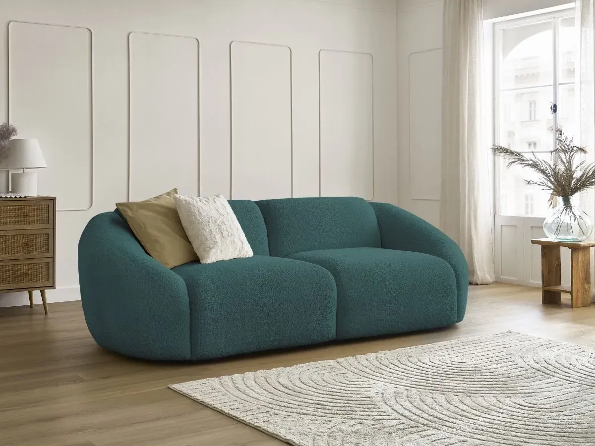 Canapé droit fixe 3 places TINA tissu bouclette bleu clair   BOBOCHIC