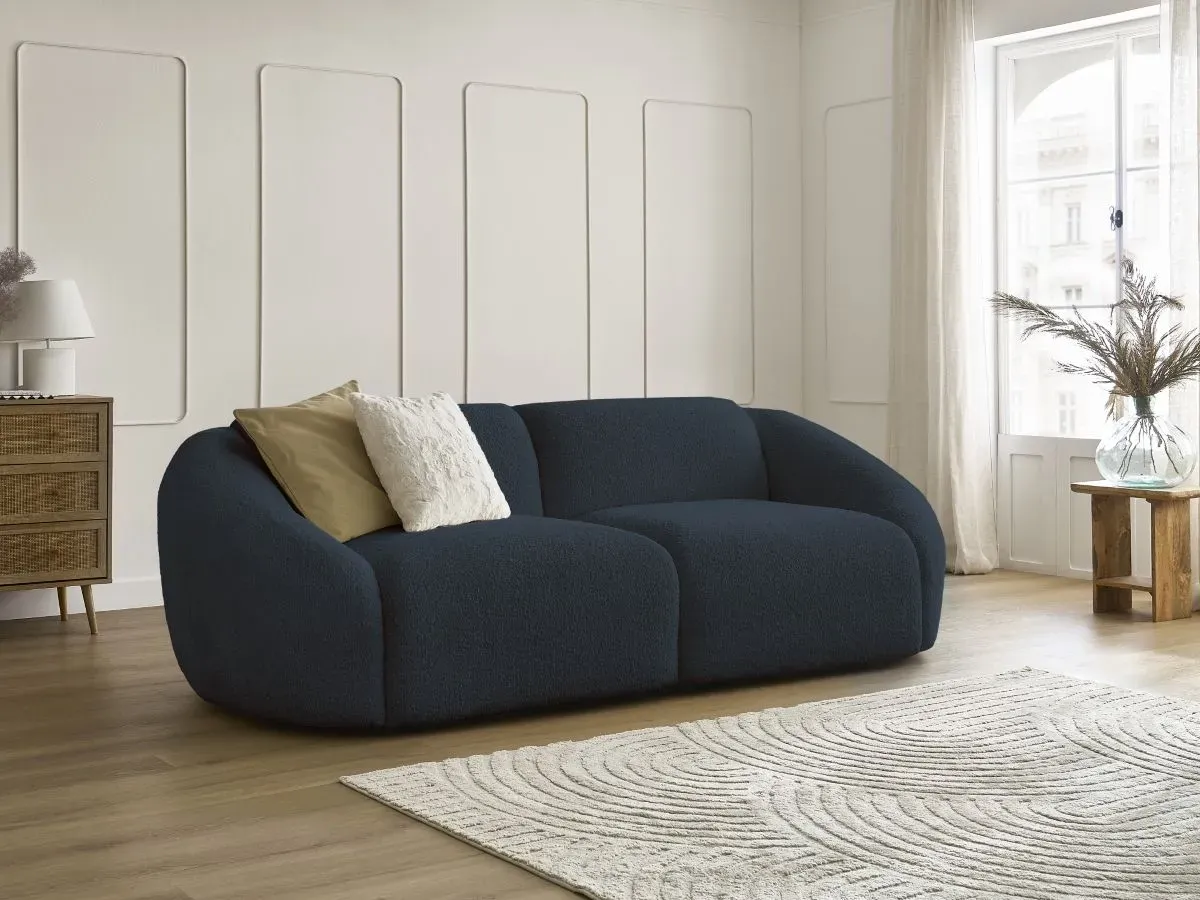 Canapé droit fixe 3 places TINA tissu bouclette bleu foncé   BOBOCHIC