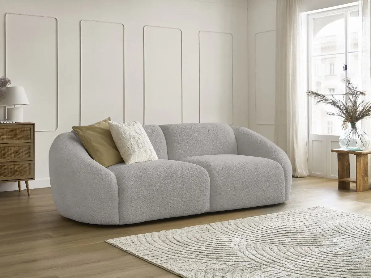 Canapé droit fixe 3 places TINA tissu bouclette gris clair   BOBOCHIC