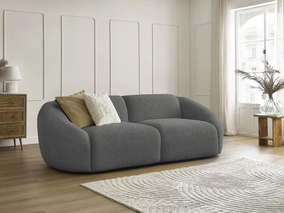 Canapé droit fixe 3 places TINA tissu bouclette gris foncé   BOBOCHIC