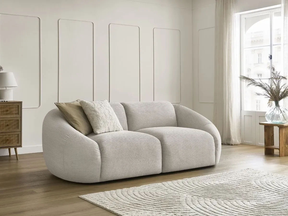 Canapé droit fixe 2 places TINA velours côtelé beige   BOBOCHIC