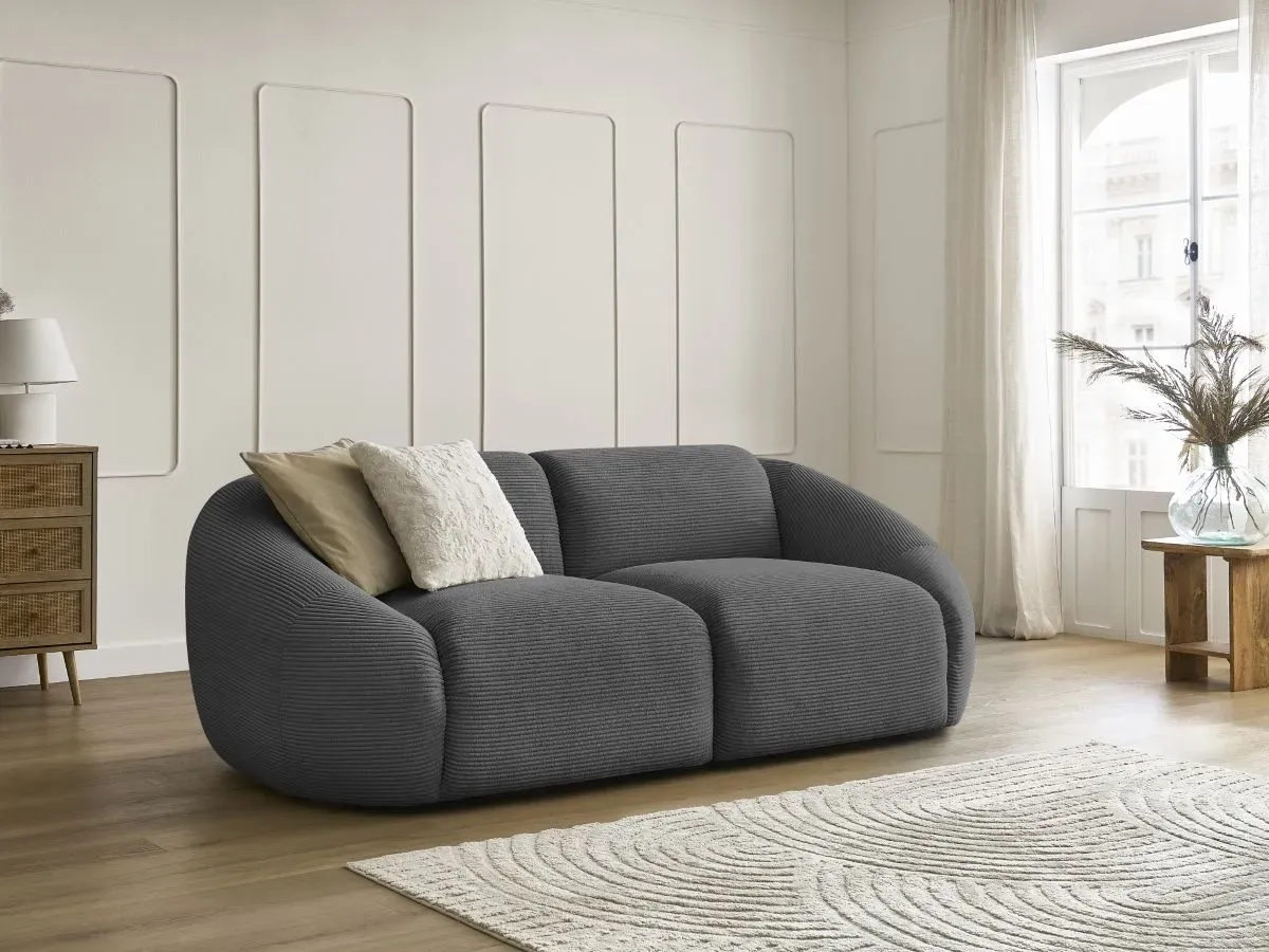 Canapé droit fixe 2 places TINA velours côtelé gris foncé   BOBOCHIC