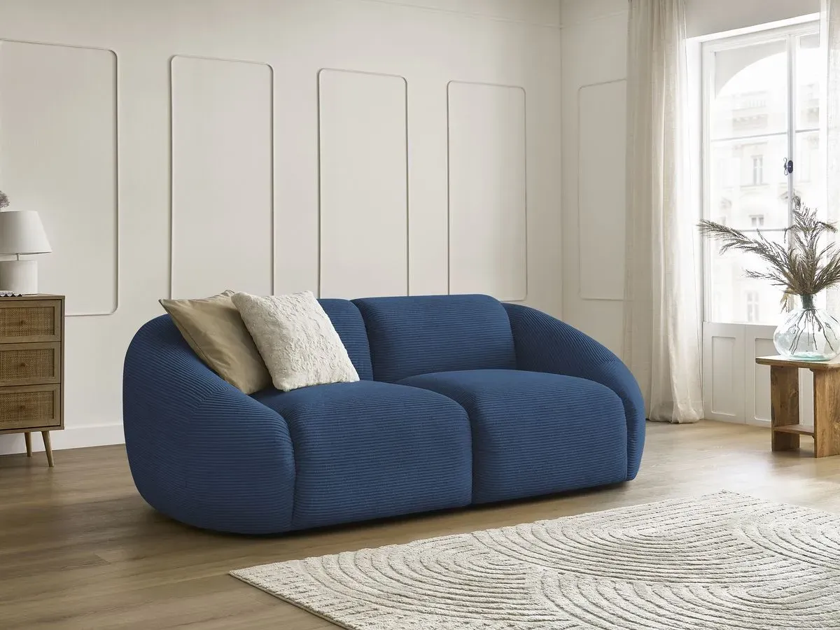 Canapé droit fixe 2 places TINA velours côtelé bleu foncé   BOBOCHIC