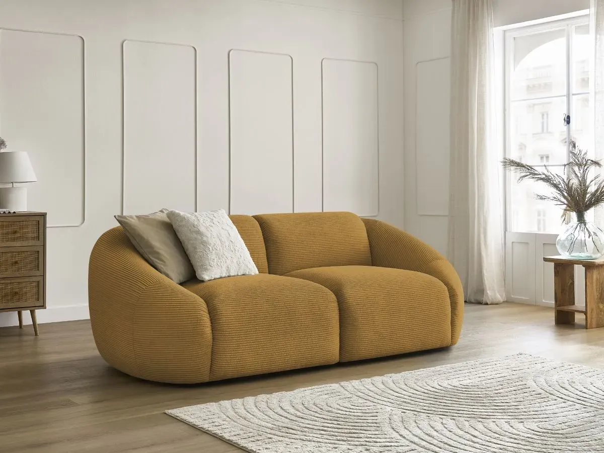 Canapé droit fixe 2 places TINA velours côtelé jaune   BOBOCHIC