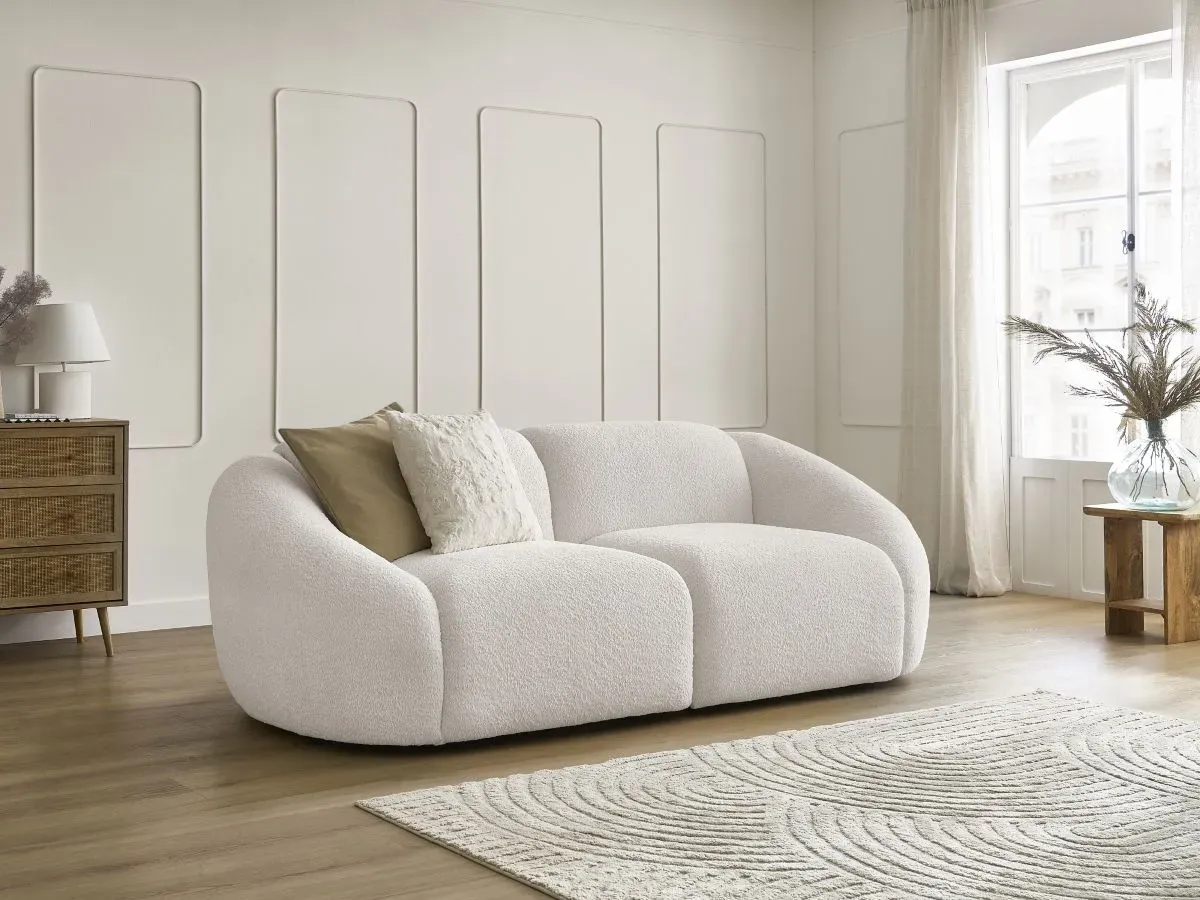 Canapé droit fixe 2 places TINA tissu bouclette blanc   BOBOCHIC